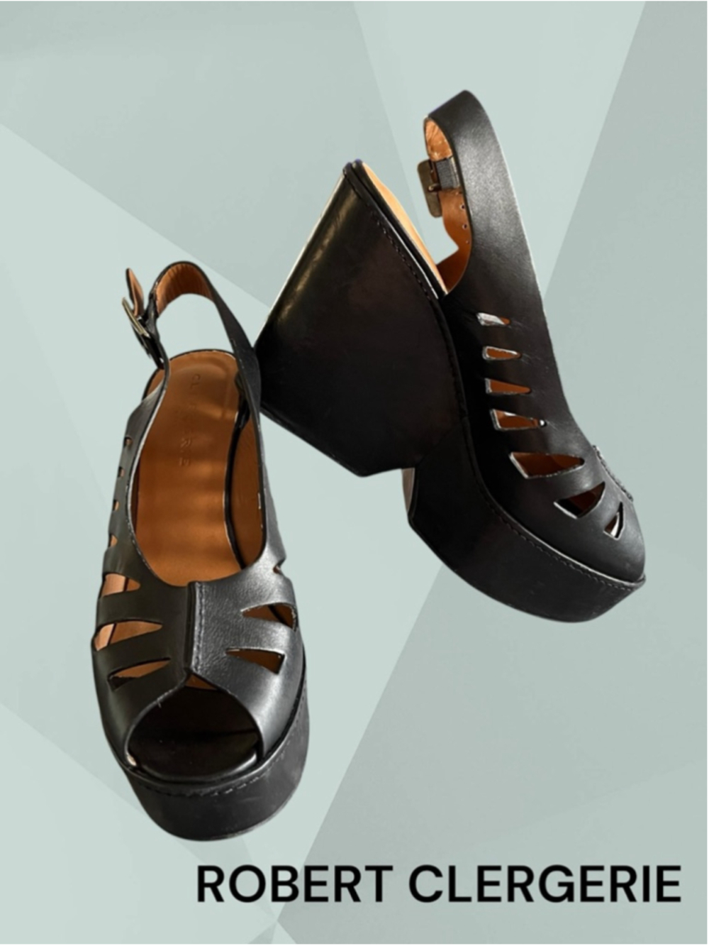 ROBERT CLERGERIE Black Leather Wedge Platform Sandals Shoes 6.5